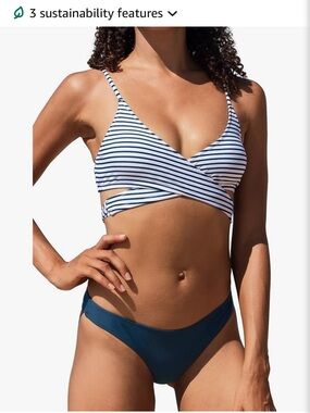 Cupshe Navy & White Striped Wrap Bikini Top with Solid Navy Bottom
